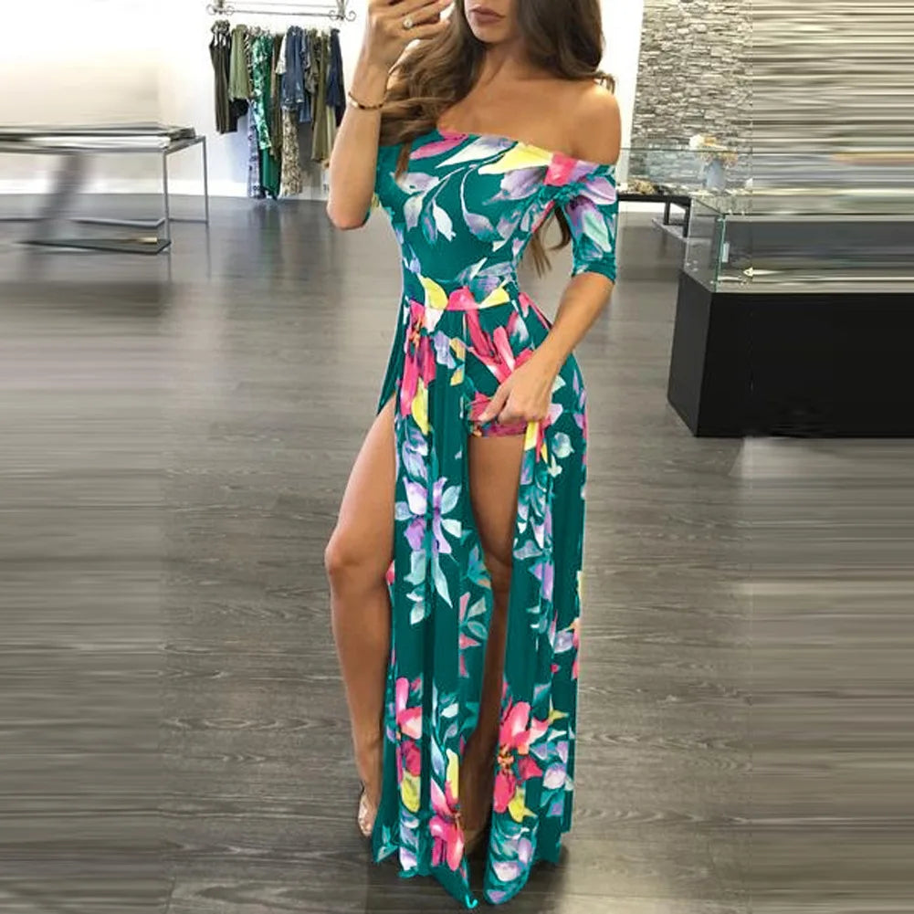 Women Dress Summer Long Maxi Dress Women Floral Print Dress Ankle -Length High Slit Bohemian Dress Female Big Size