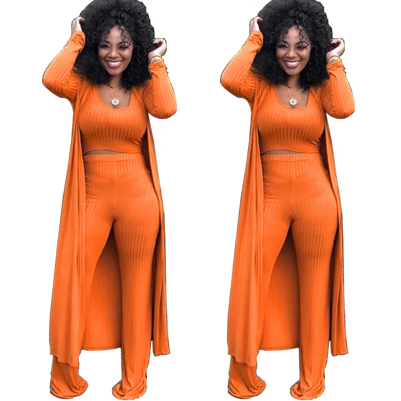 Women Knitted Long Sleeve Cardigan Coat Loose Wide Leg Pants Crop Top 3 Piece Set for Female Women Autumn Winter Women'S Suits