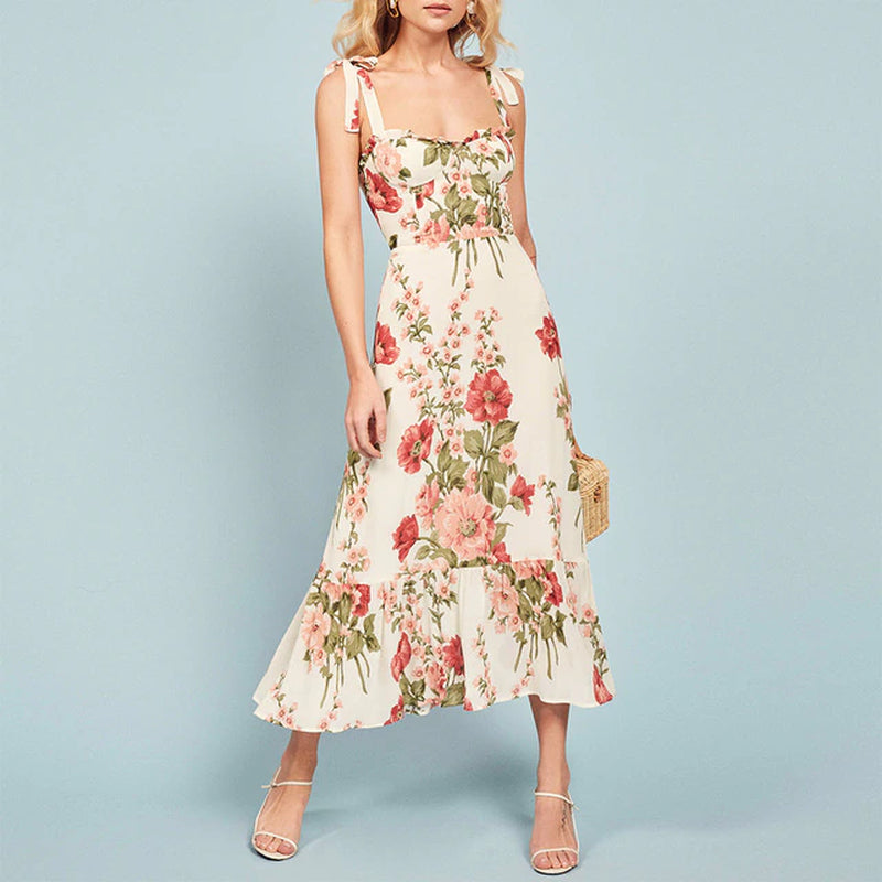 Summer Dresses for Women 2021 Elegant Ruffle Hem Floral Chiffon Midi Dress Frill Edge Sweetheart Neck Strap Tie Sexy Slip Dress