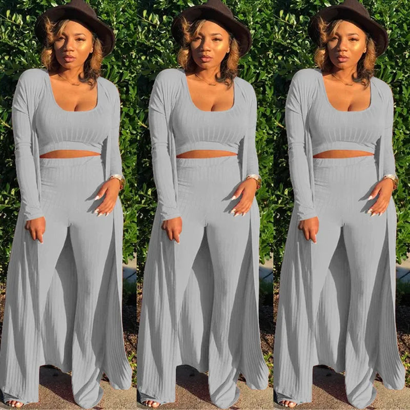 Women Knitted Long Sleeve Cardigan Coat Loose Wide Leg Pants Crop Top 3 Piece Set for Female Women Autumn Winter Women'S Suits