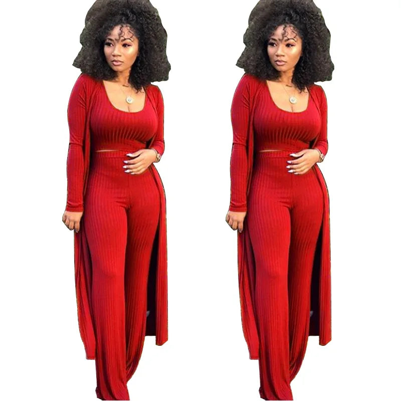 Women Knitted Long Sleeve Cardigan Coat Loose Wide Leg Pants Crop Top 3 Piece Set for Female Women Autumn Winter Women'S Suits