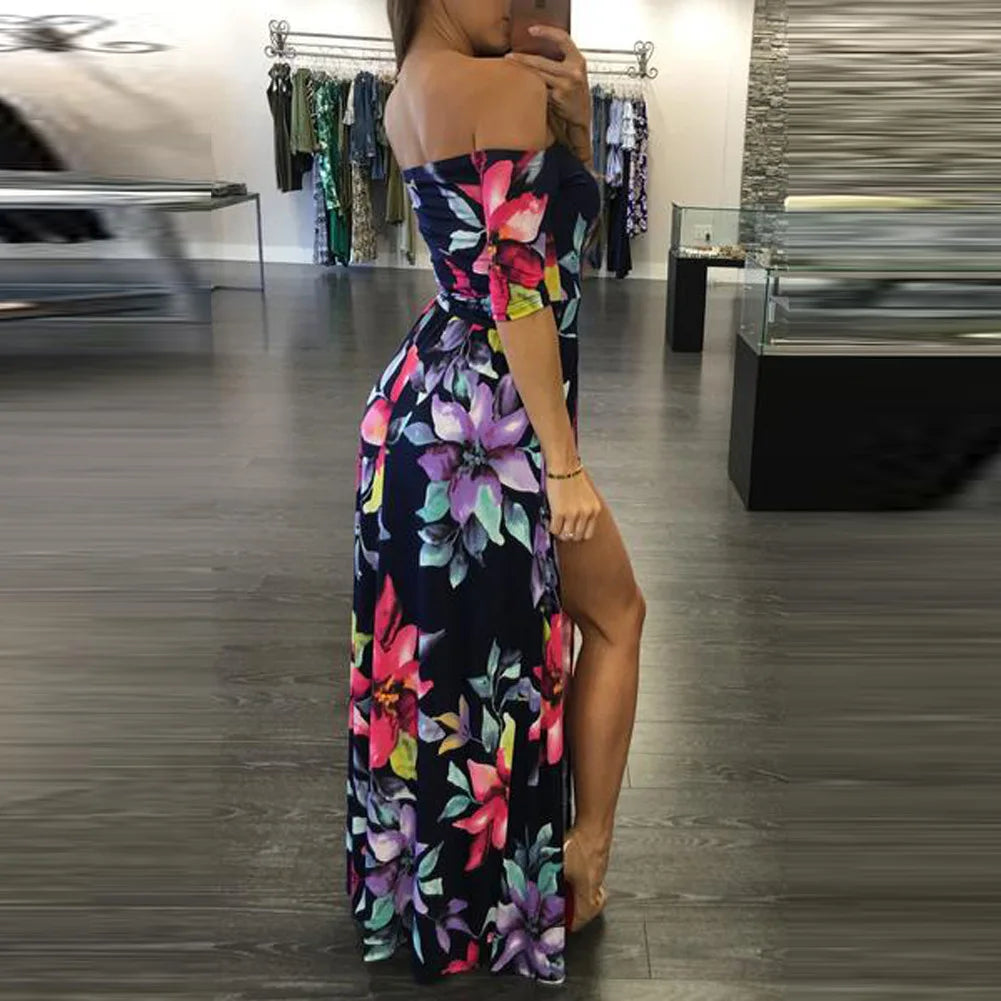 Women Dress Summer Long Maxi Dress Women Floral Print Dress Ankle -Length High Slit Bohemian Dress Female Big Size