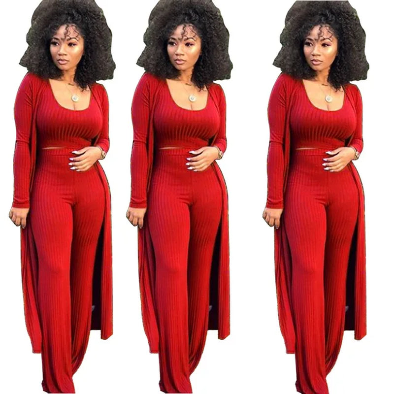 Women Knitted Long Sleeve Cardigan Coat Loose Wide Leg Pants Crop Top 3 Piece Set for Female Women Autumn Winter Women'S Suits