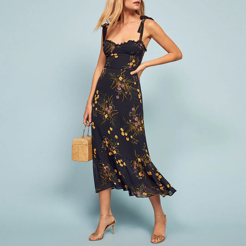 Summer Dresses for Women 2021 Elegant Ruffle Hem Floral Chiffon Midi Dress Frill Edge Sweetheart Neck Strap Tie Sexy Slip Dress