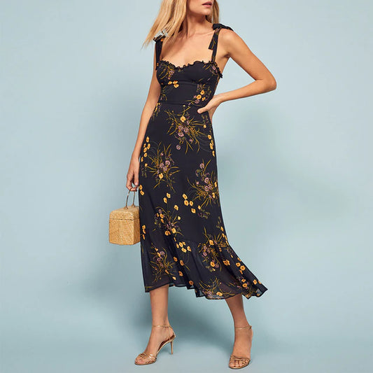 Summer Dresses for Women 2021 Elegant Ruffle Hem Floral Chiffon Midi Dress Frill Edge Sweetheart Neck Strap Tie Sexy Slip Dress