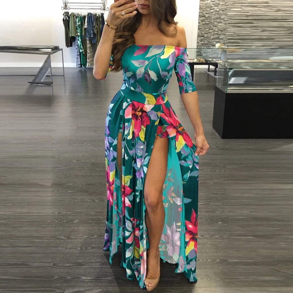 Women Dress Summer Long Maxi Dress Women Floral Print Dress Ankle -Length High Slit Bohemian Dress Female Big Size