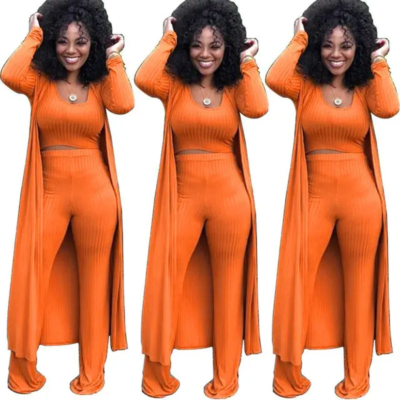 Women Knitted Long Sleeve Cardigan Coat Loose Wide Leg Pants Crop Top 3 Piece Set for Female Women Autumn Winter Women'S Suits