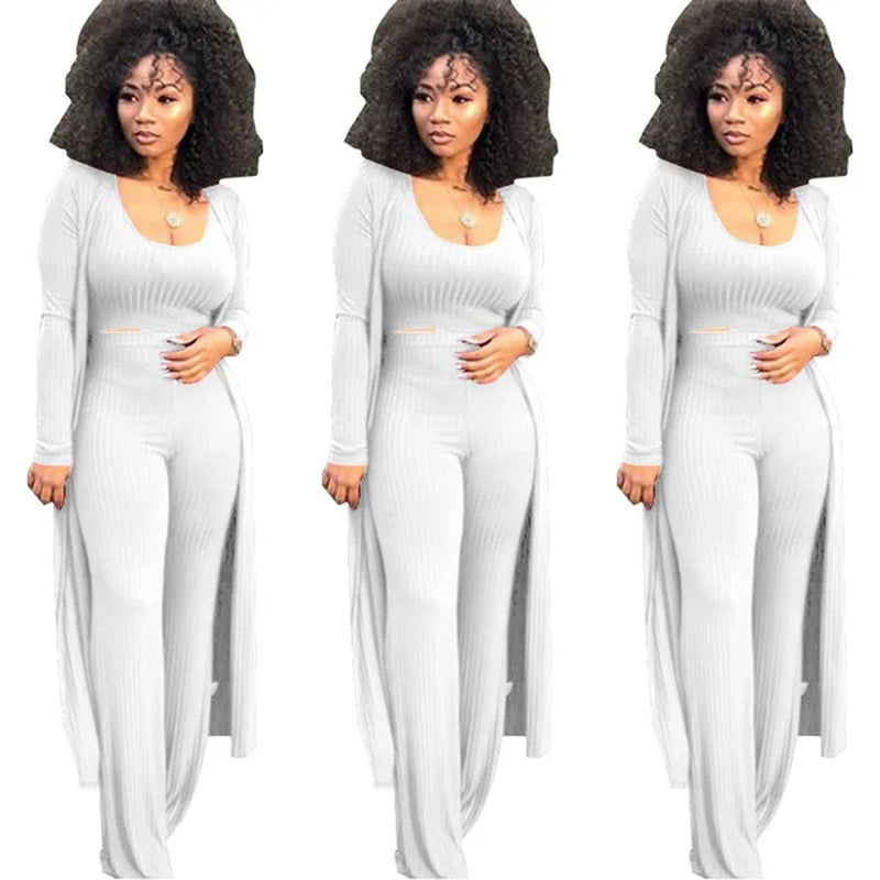 Women Knitted Long Sleeve Cardigan Coat Loose Wide Leg Pants Crop Top 3 Piece Set for Female Women Autumn Winter Women'S Suits