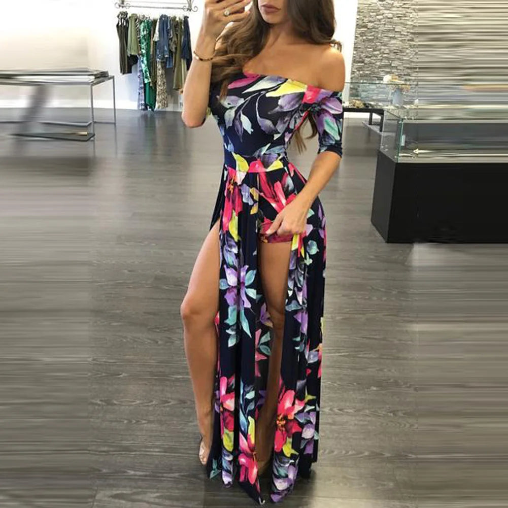 Women Dress Summer Long Maxi Dress Women Floral Print Dress Ankle -Length High Slit Bohemian Dress Female Big Size