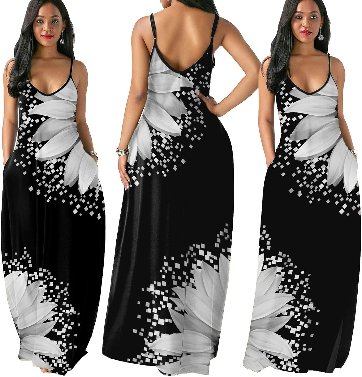 Women Casual Bohemian Floral Printed Maxi Dresses Loose V-Neck Adjustable Spaghetti Strap Floor Length plus Size Dress