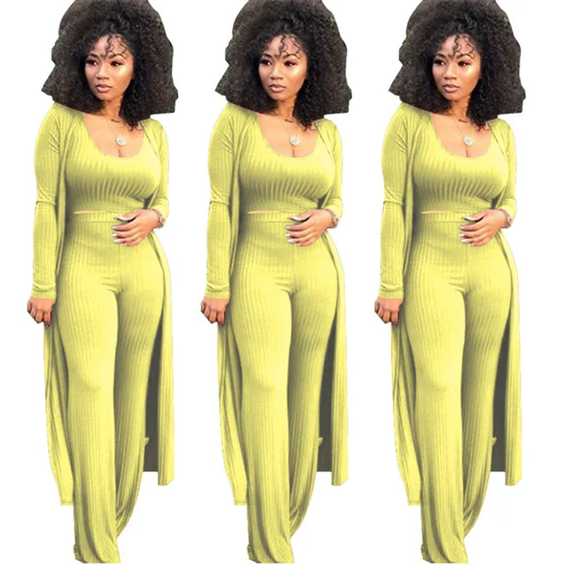 Women Knitted Long Sleeve Cardigan Coat Loose Wide Leg Pants Crop Top 3 Piece Set for Female Women Autumn Winter Women'S Suits