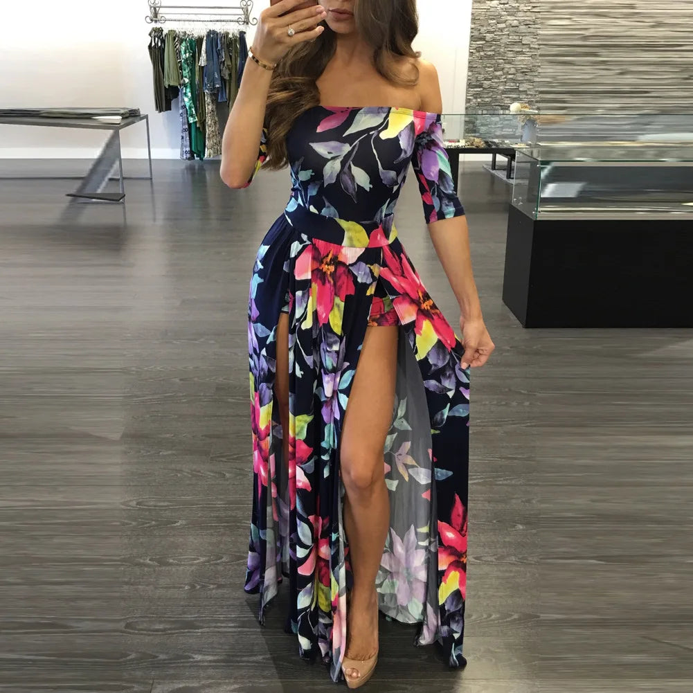 Women Dress Summer Long Maxi Dress Women Floral Print Dress Ankle -Length High Slit Bohemian Dress Female Big Size