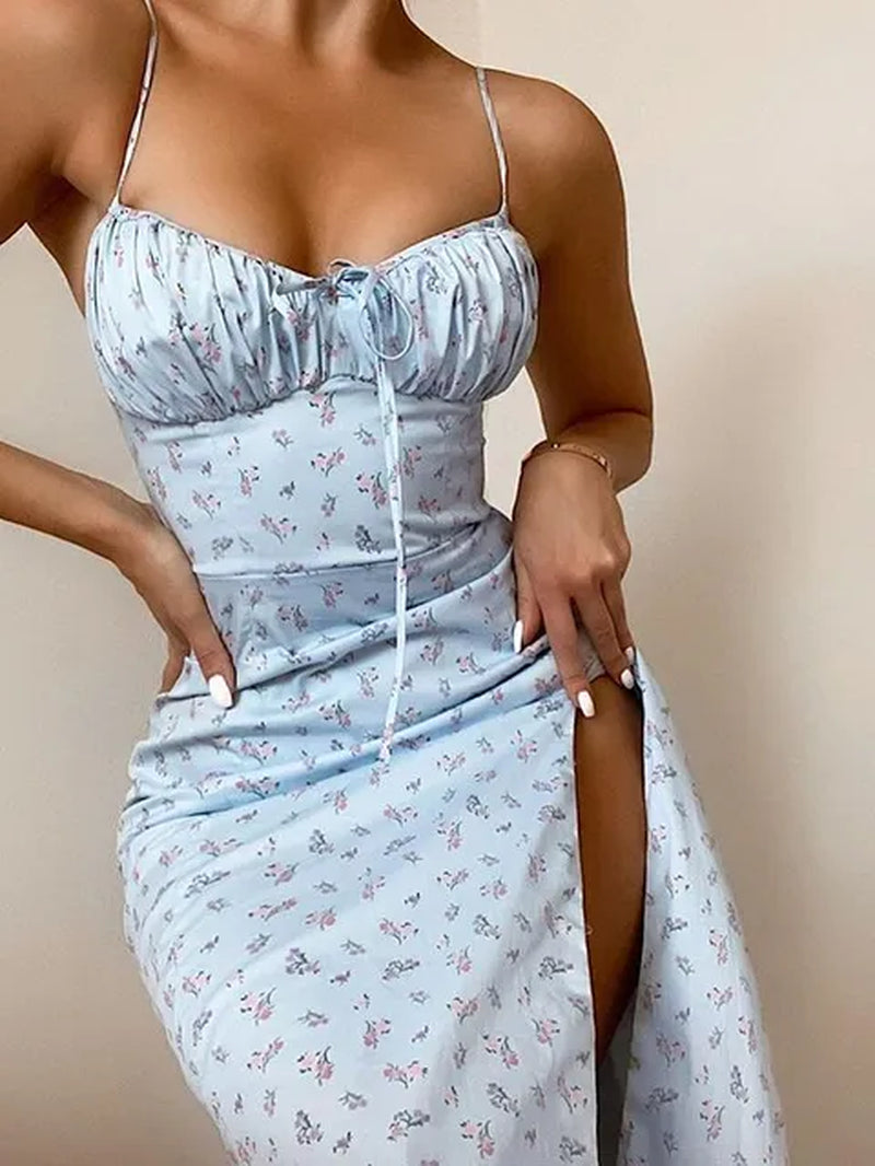 2023 Sleeveless Satin Slip Floral Ruched Bandage Cut Out Maxi Dress Summer Women Fashion Sexy Party Club Robe Kpytomoa