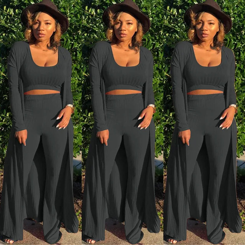 Women Knitted Long Sleeve Cardigan Coat Loose Wide Leg Pants Crop Top 3 Piece Set for Female Women Autumn Winter Women'S Suits