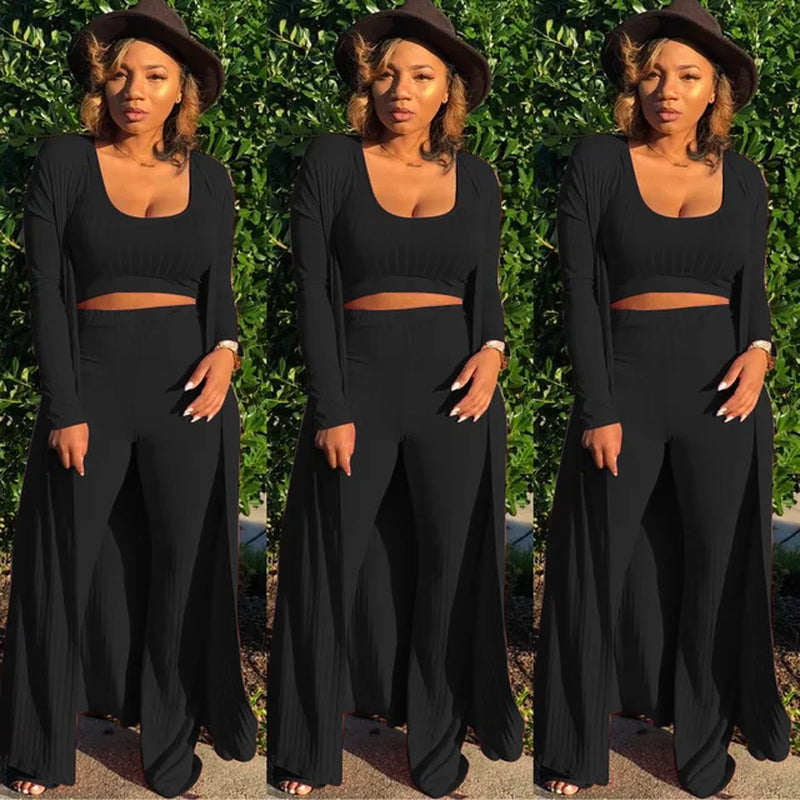 Women Knitted Long Sleeve Cardigan Coat Loose Wide Leg Pants Crop Top 3 Piece Set for Female Women Autumn Winter Women'S Suits