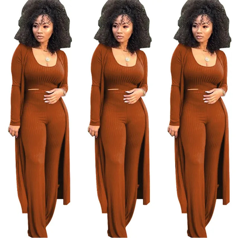 Women Knitted Long Sleeve Cardigan Coat Loose Wide Leg Pants Crop Top 3 Piece Set for Female Women Autumn Winter Women'S Suits