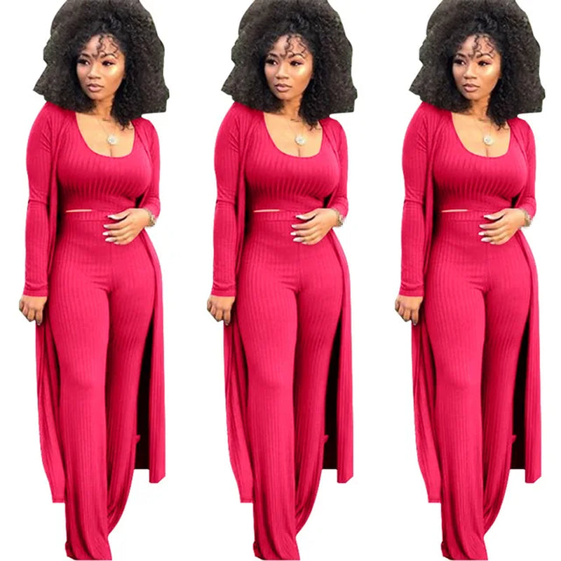 Women Knitted Long Sleeve Cardigan Coat Loose Wide Leg Pants Crop Top 3 Piece Set for Female Women Autumn Winter Women'S Suits