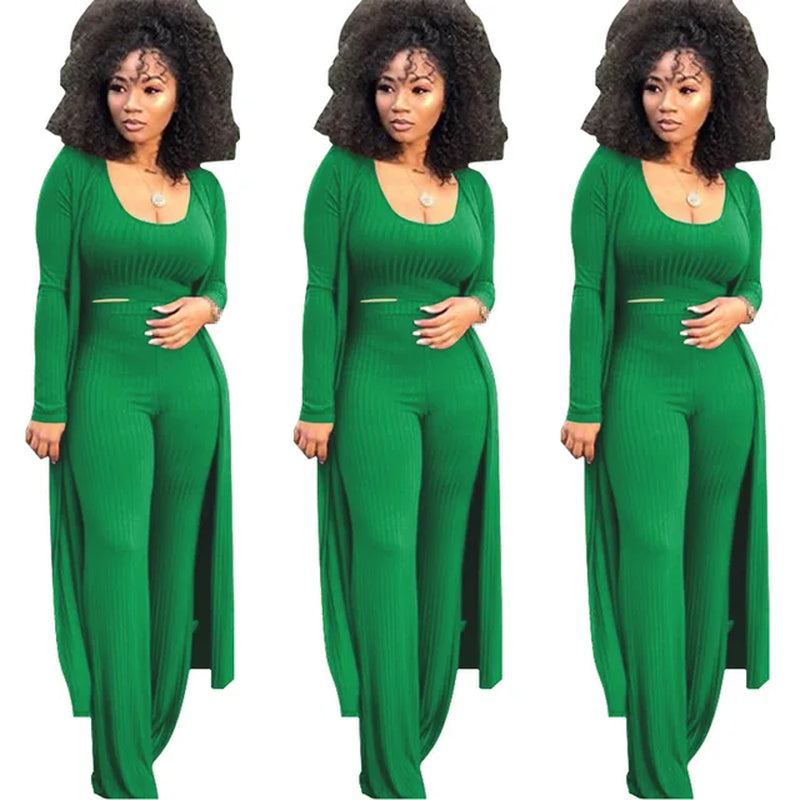 Women Knitted Long Sleeve Cardigan Coat Loose Wide Leg Pants Crop Top 3 Piece Set for Female Women Autumn Winter Women'S Suits